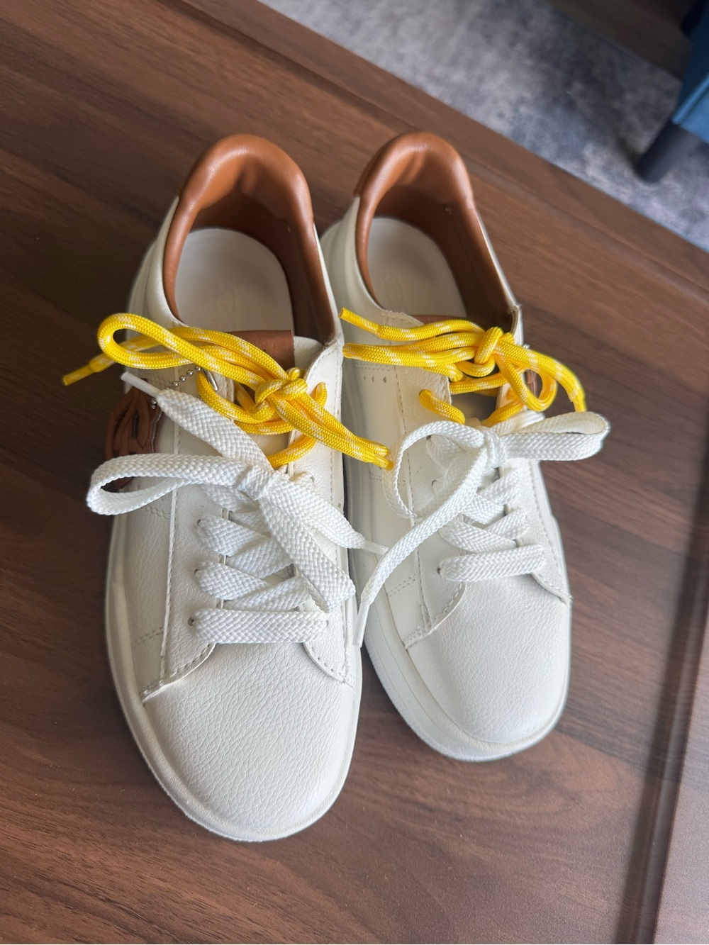 Steve Madden White Leather Sneakers with Yellow Laces